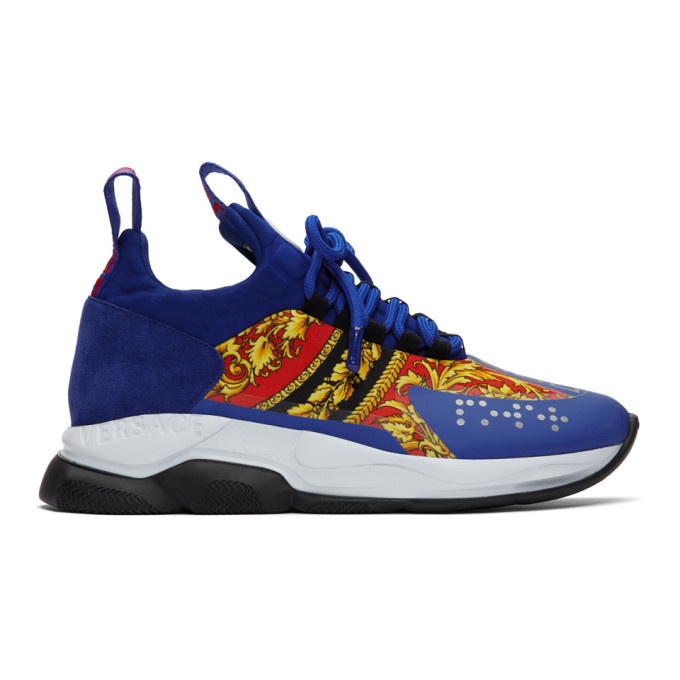 Versace Blue And Red Chain Reaction Leather Low Top Sneakers In