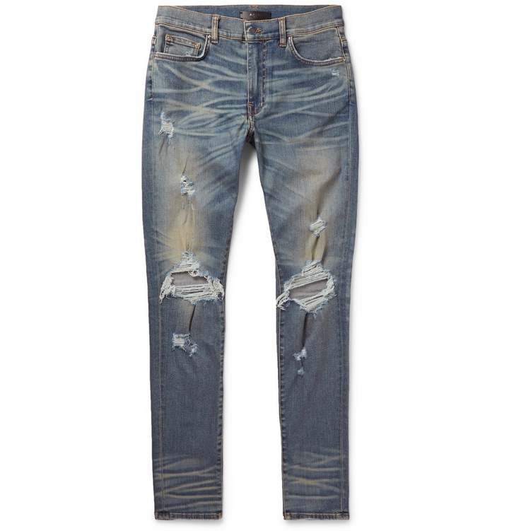 Photo: AMIRI - Thrasher Skinny-Fit Distressed Stretch-Denim Jeans - Men - Light blue