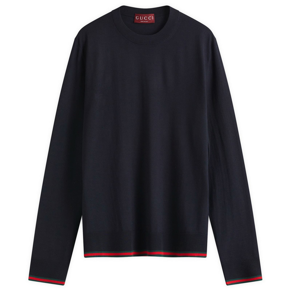 Gucci Men's Fine Gauge Wool Crew Neck Knit in Ink/Green/Red
