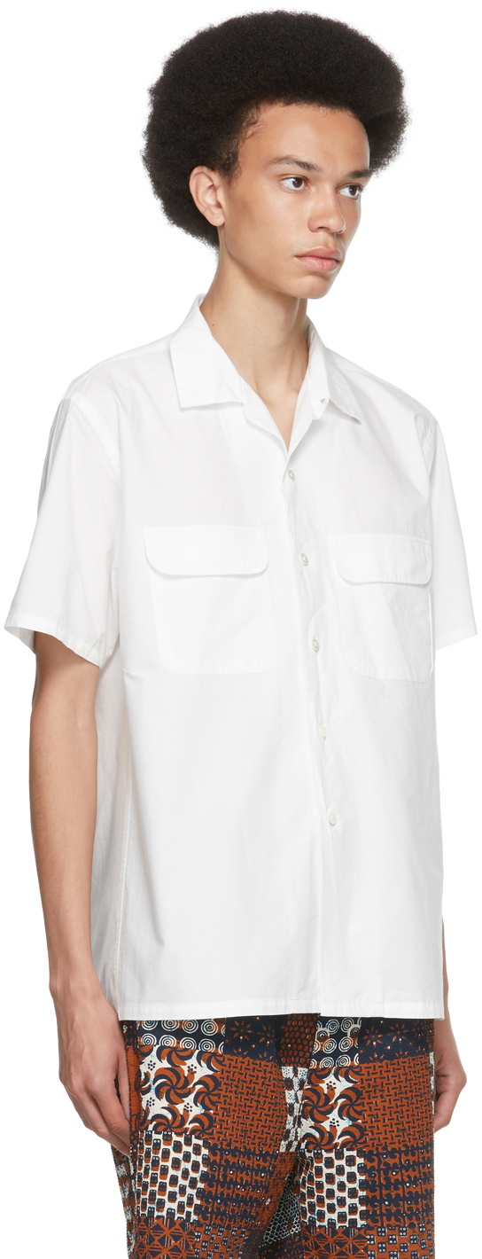 BEAMS PLUS White Pima Cotton Open Collar Short Sleeve Shirt Beams Plus