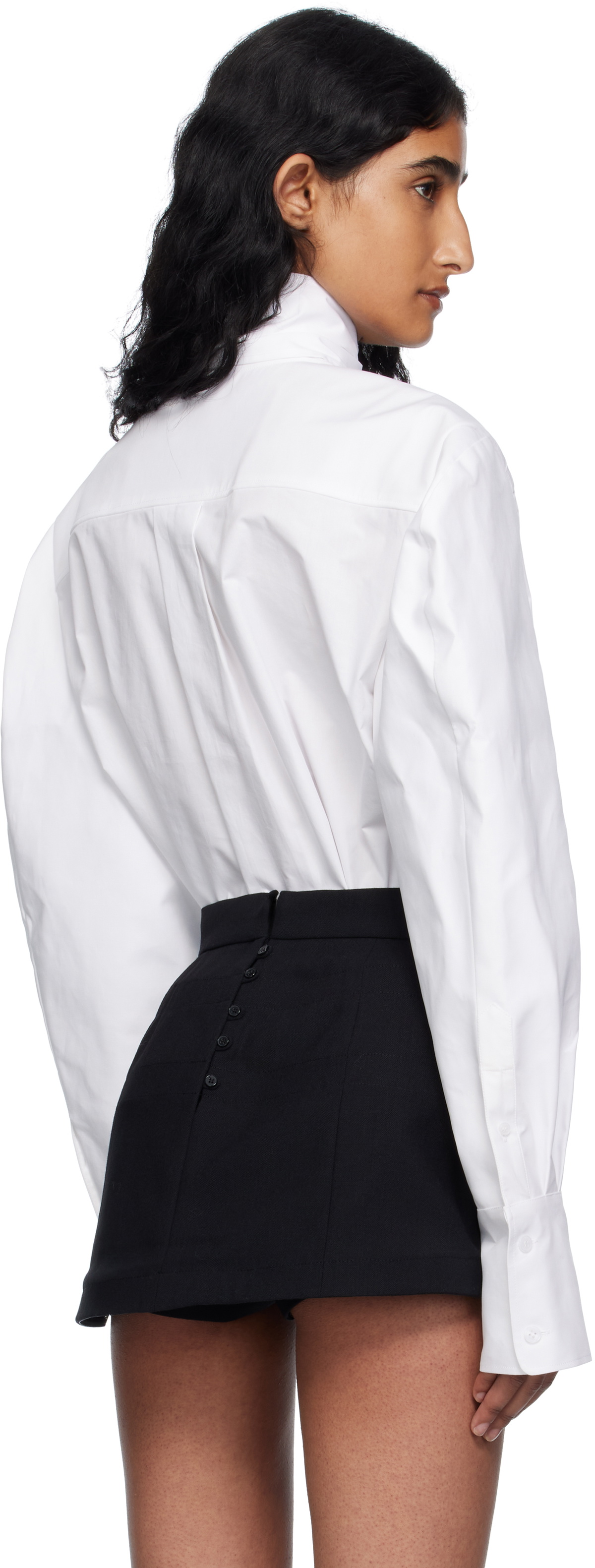 Pushbutton White Neck Ribbon Tie Blouse