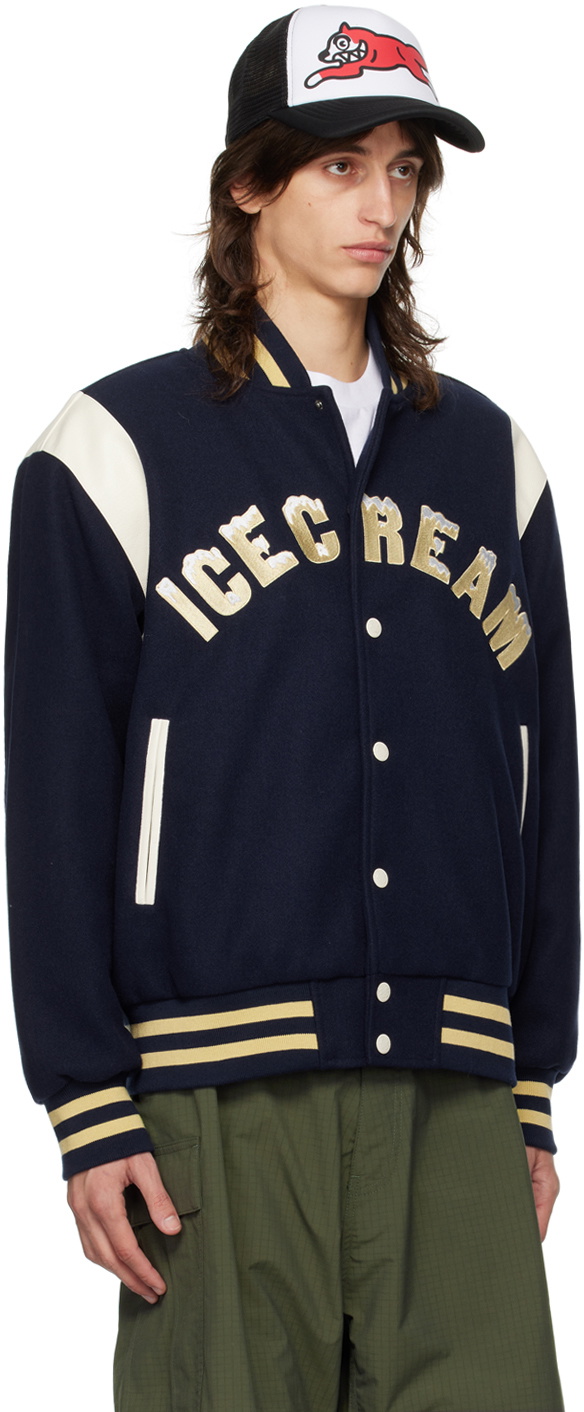 ICECREAM Navy Drippy Varsity Bomber Jacket