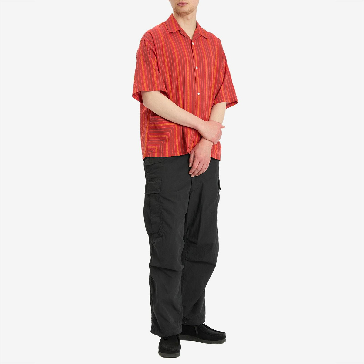 BEAMS Men's Stripe Open Collar Shirt in Red