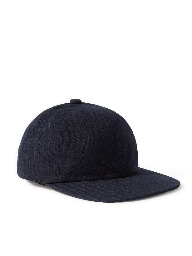 Photo: Beams Plus - Logo-Embroidered Leather-Trimmed Herringbone Cotton Cap - Blue