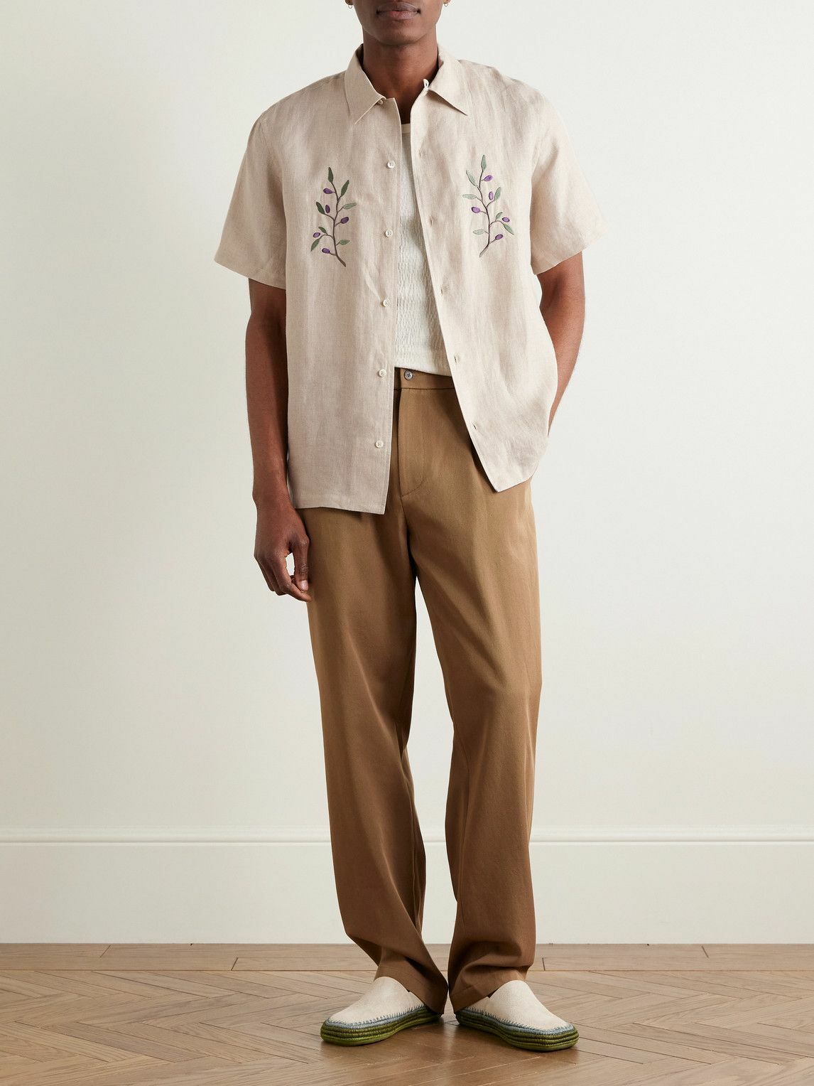 De Bonne Facture - Convertible-Collar Embroidered Linen Shirt - Neutrals