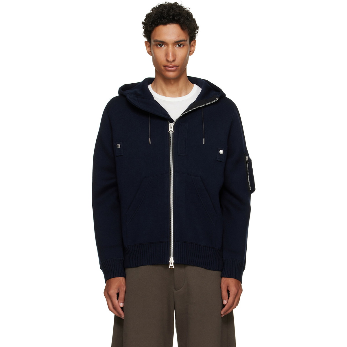 sacai Navy Cotton Cashmere Knit Hoodie