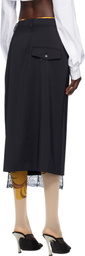 Pushbutton Navy Lace Trim Midi Skirt