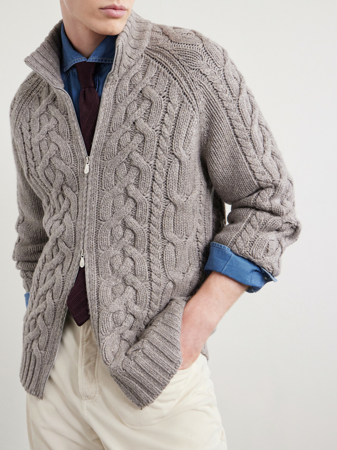 Brunello Cucinelli - Cable-Knit Cashmere Zip-Up Sweater - Gray
