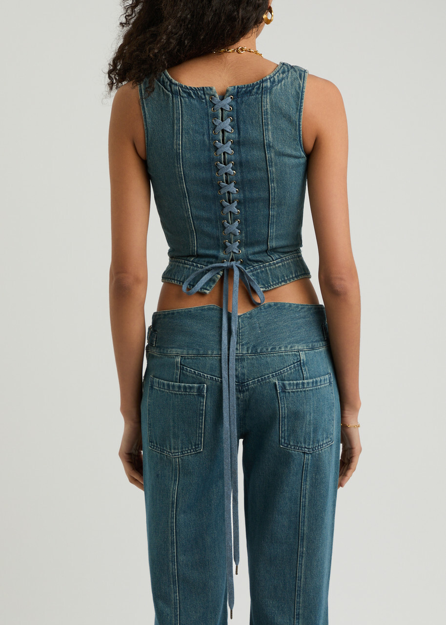 Knwls Lace-up Cropped Denim Corset top Navy