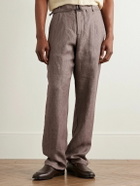 Oliver Spencer - Wilkins Tapered Belted Pinstriped Linen Suit Trousers - Brown
