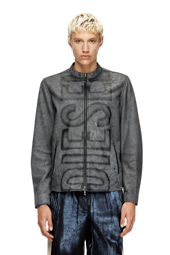 Photo: Diesel Treated leather biker jacket with faded logo - Leather jackets Mens in Grey