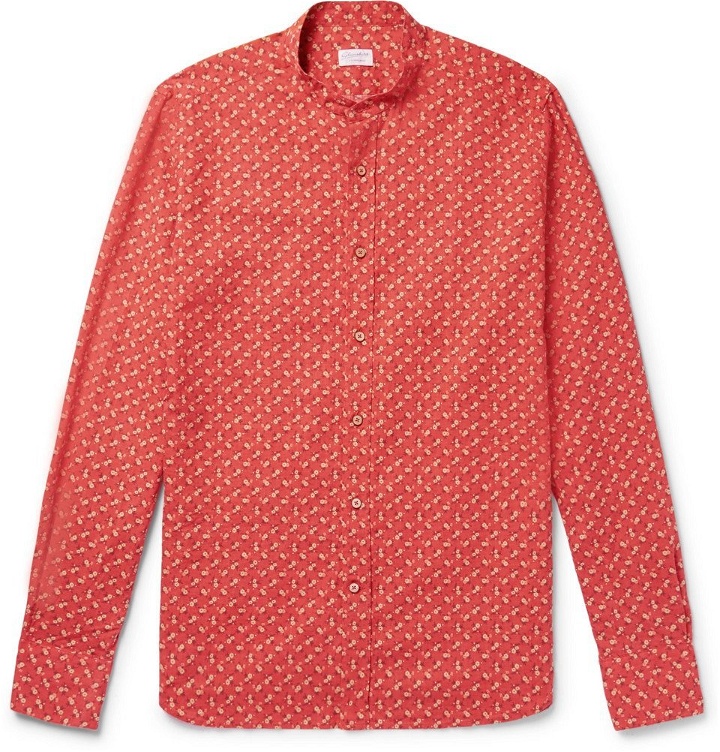 Photo: Incotex - Slim-Fit Grandad-Collar Printed Cotton and Linen-Blend Shirt - Men - Red