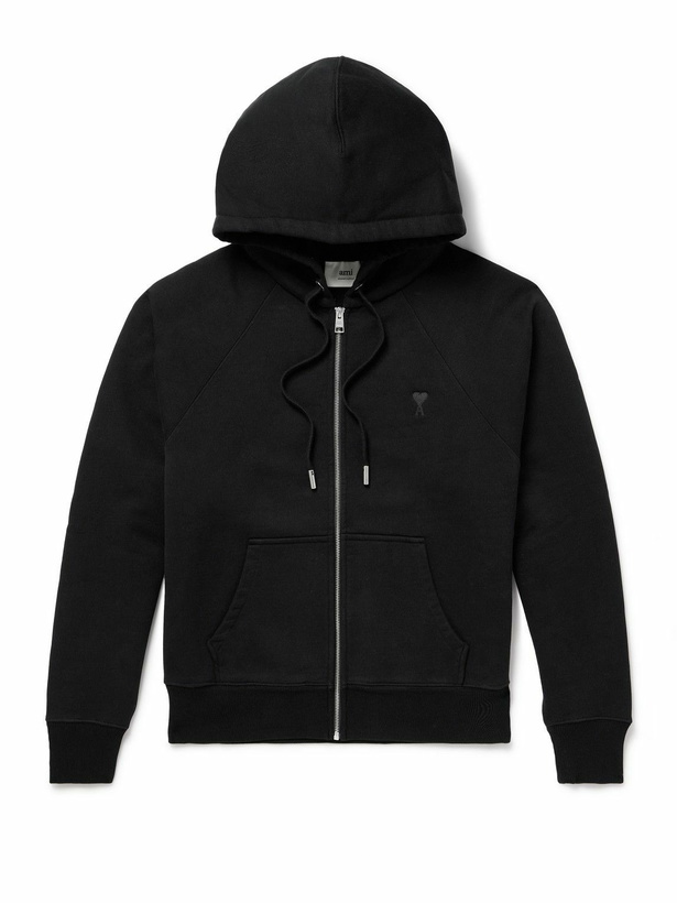 Photo: AMI PARIS - Logo-Embroidered Organic Cotton-Jersey Zip-Up Hoodie - Black