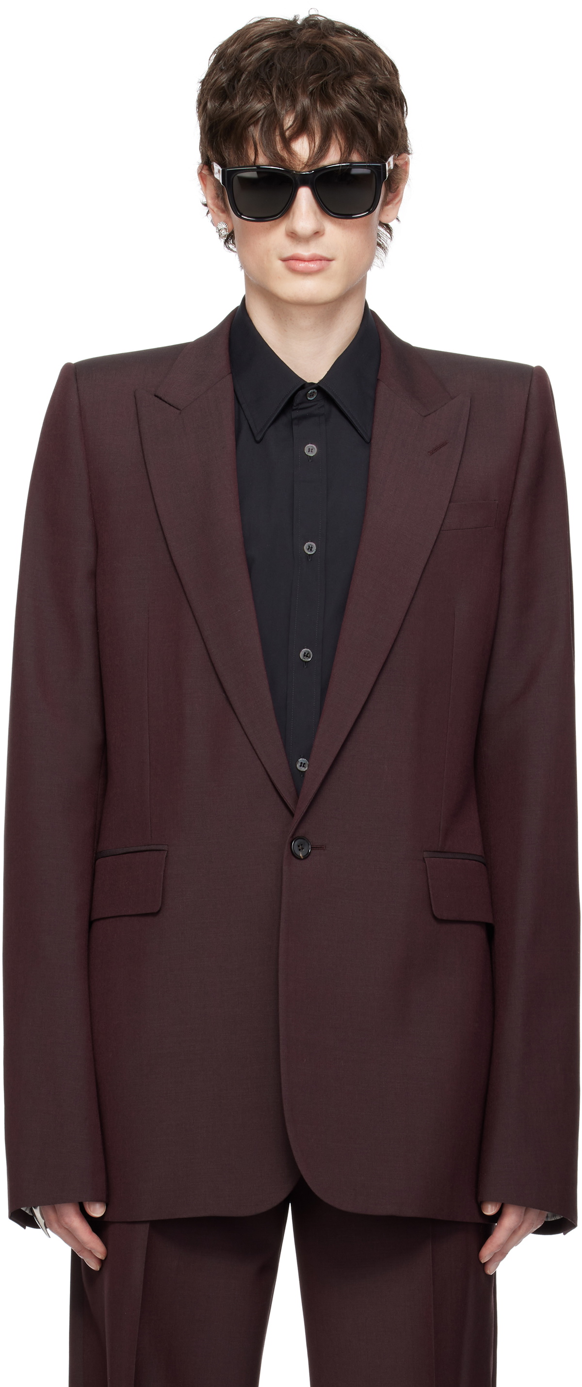 McQueen Burgundy Stacked Shoulder Single-Breasted Blazer