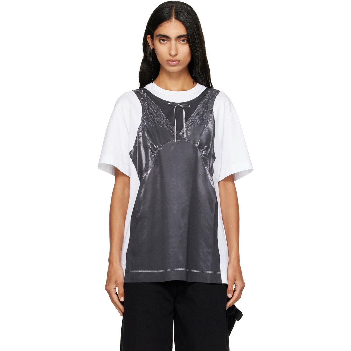 Simone Rocha White & Black Patchwork Satin Trompe L'Oeil Print T-shirt