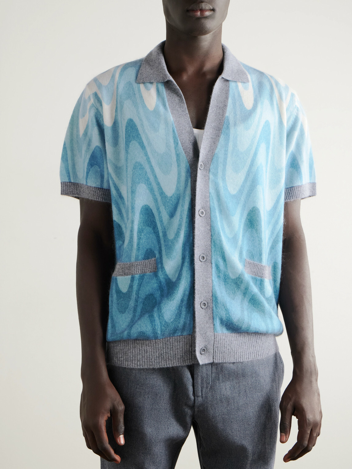 Frescobol Carioca - Romero Printed Brushed Wool and Cashmere-Blend Cardigan - Blue