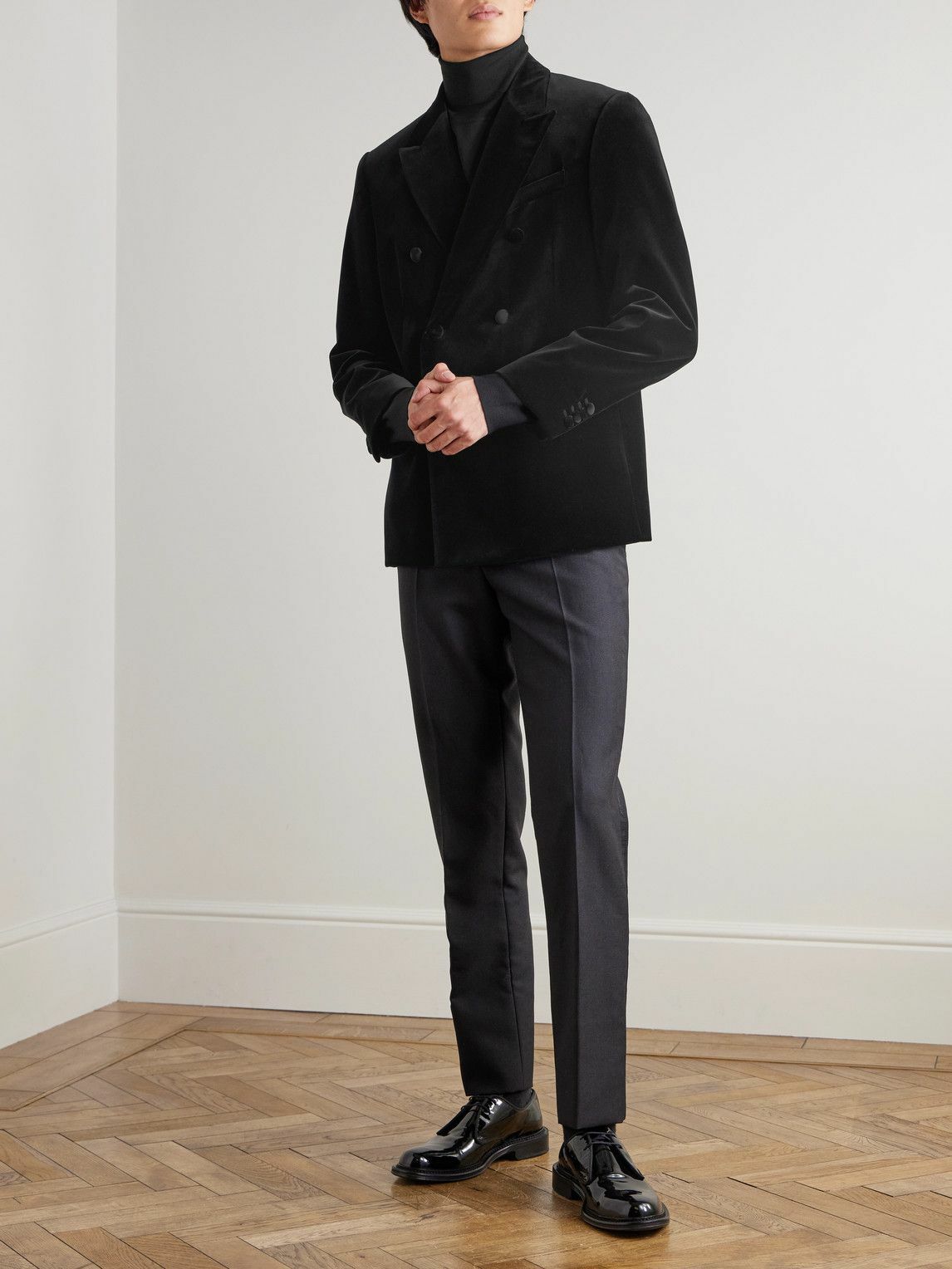 Mr P. - Double-Breasted Cotton-Velvet Tuxedo Jacket - Black