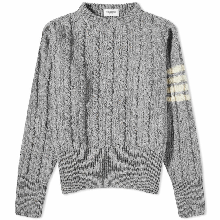 Photo: Thom Browne Men's 4 Bar Donegal Cable Crew Knit in Light Grey