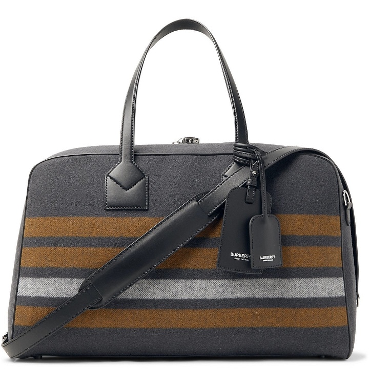 Photo: BURBERRY - Leather-Trimmed Striped Virgin Wool-Twill Holdall - Gray