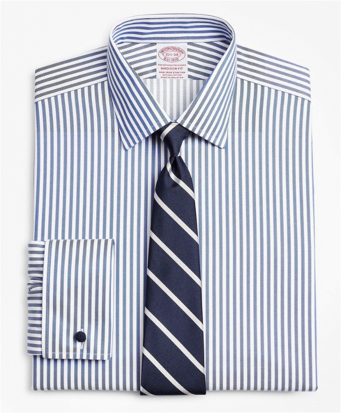 Photo: Brooks Brothers Men's Stretch Madison Relaxed-Fit Dress Shirt, Non-Iron Twill Ainsley Collar French Cuff Bold Stripe | Navy