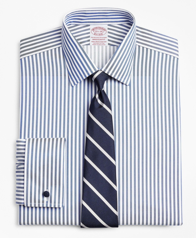 Photo: Brooks Brothers Men's Stretch Madison Relaxed-Fit Dress Shirt, Non-Iron Twill Ainsley Collar French Cuff Bold Stripe | Navy