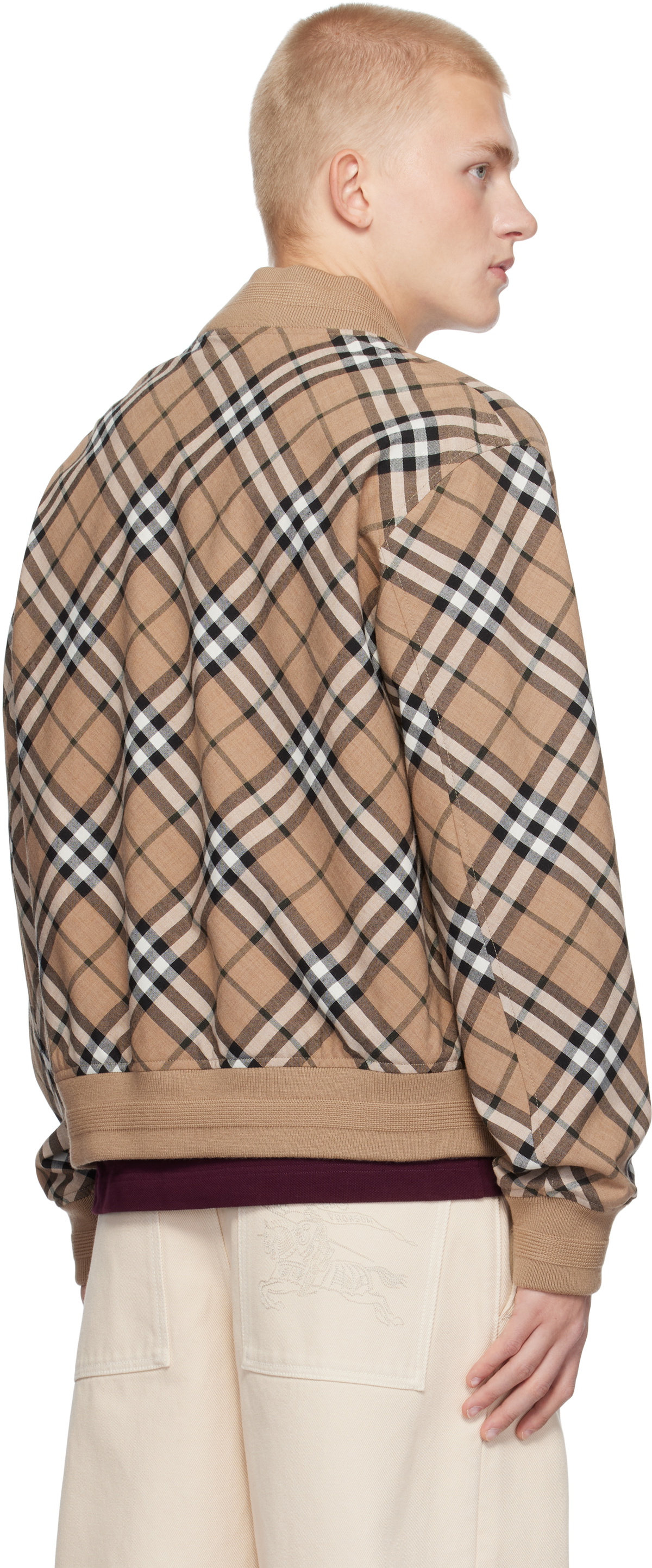 Burberry Beige Check Wool Blend Harrington Bomber Jacket