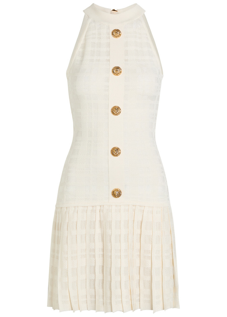 Balmain Checked Pleated Stretch-knit Mini Dress Natural