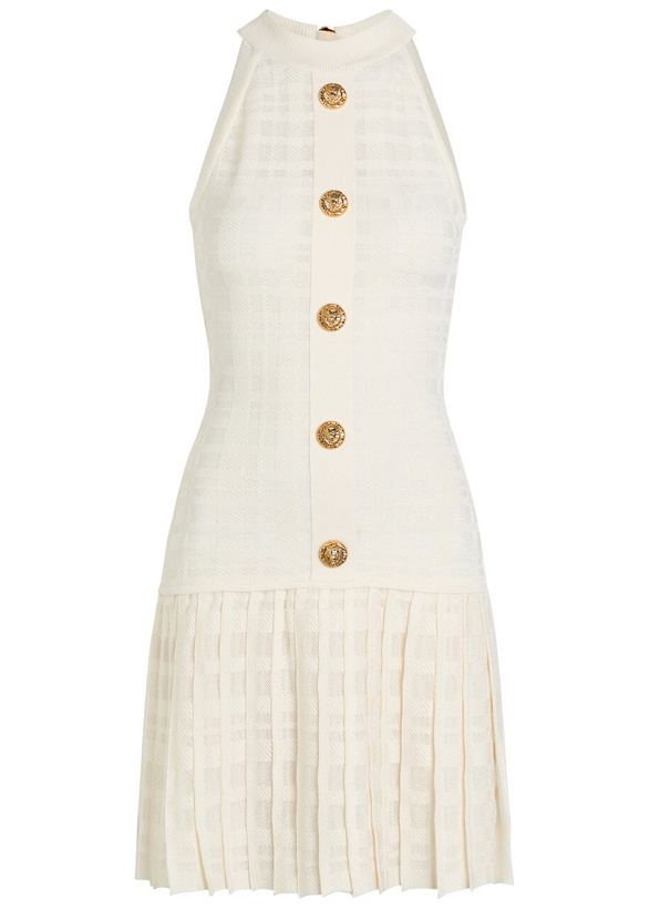 Photo: Balmain Checked Pleated Stretch-knit Mini Dress Natural
