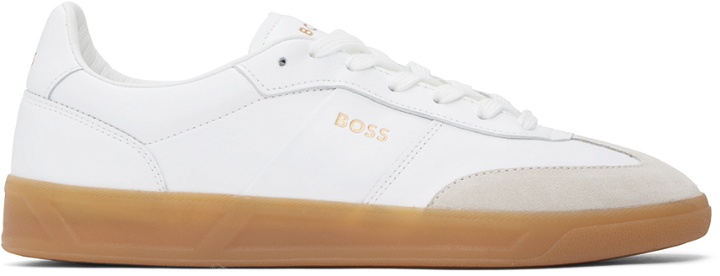 Photo: BOSS White Leather & Suede Embossed Logos Sneakers