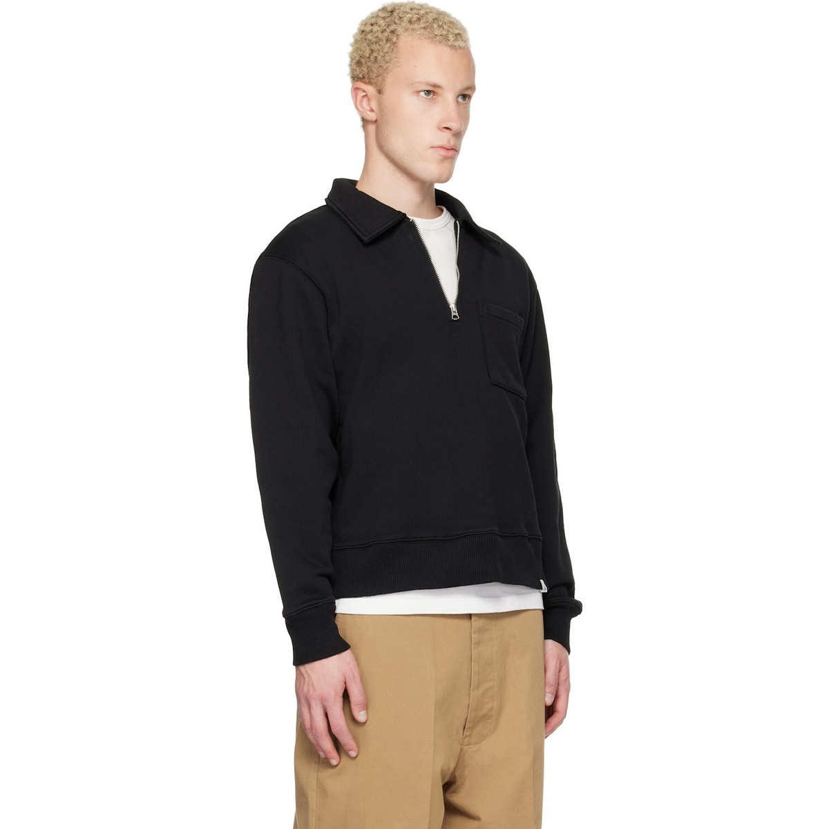 Merz b. Schwanen Black Authentic Fleece Polo Collared Half-Zip Cotton Sweatshirt