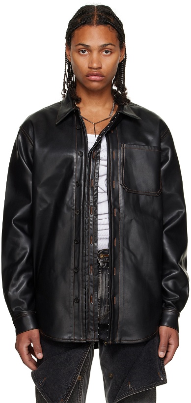 Photo: Y/Project Black Hook-Eye Faux-Leather Shirt