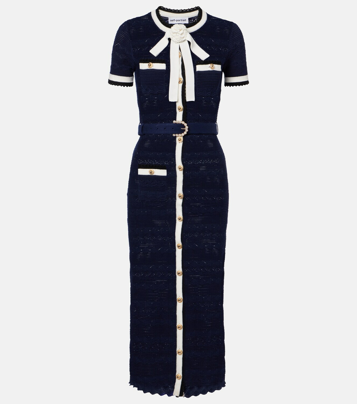 Self-Portrait Bow-detail pointelle cotton-blend midi dress