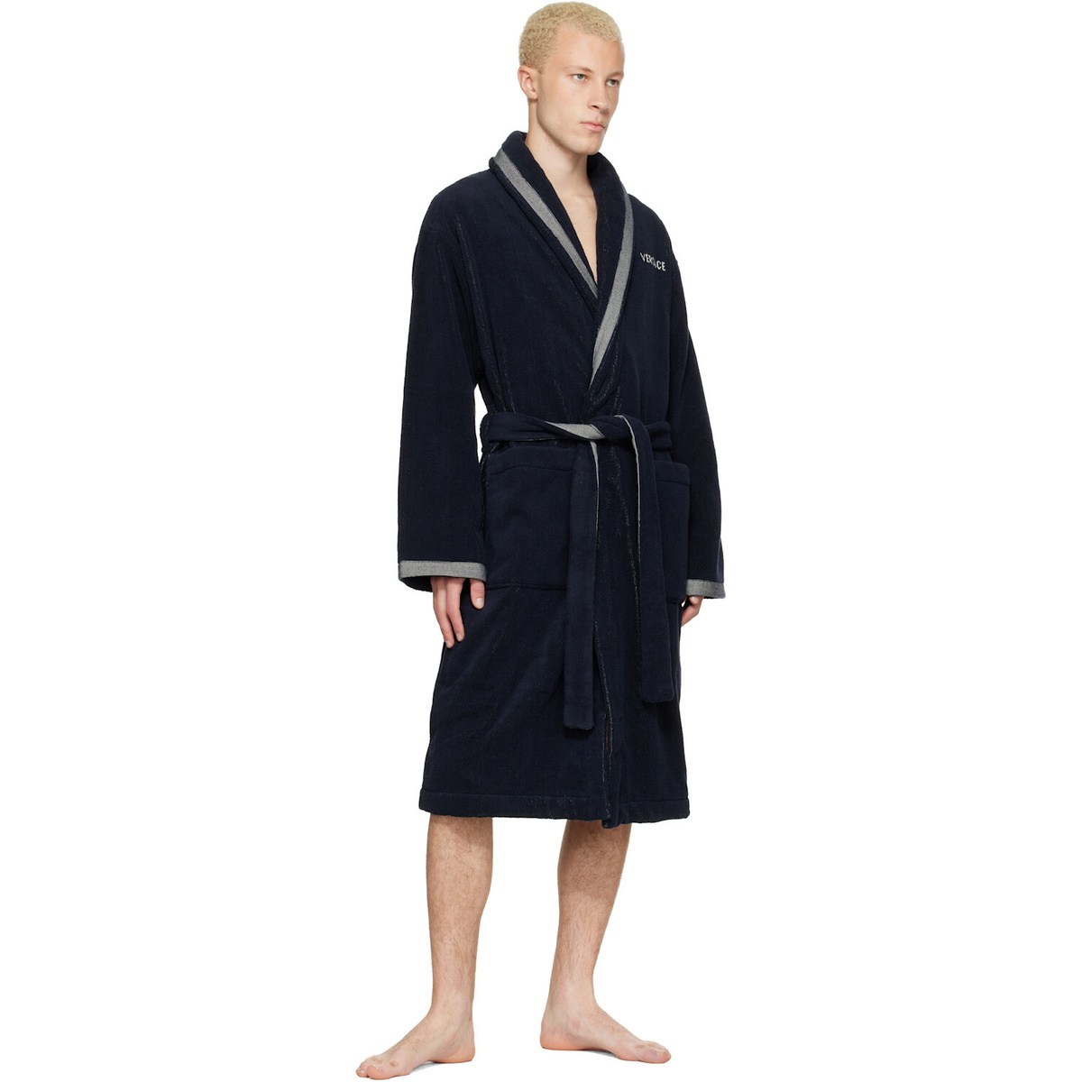 Versace Navy Cotton-Terry Jacquard Bathrobe