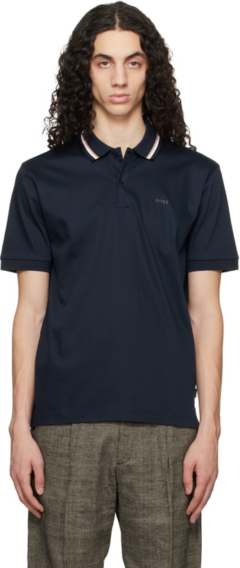 Photo: BOSS Navy Striped-Collar Slim-Fit Cotton Logo Polo