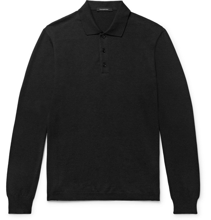 Photo: Ermenegildo Zegna - Knitted Cotton and Cashmere-Blend Polo Shirt - Dark gray