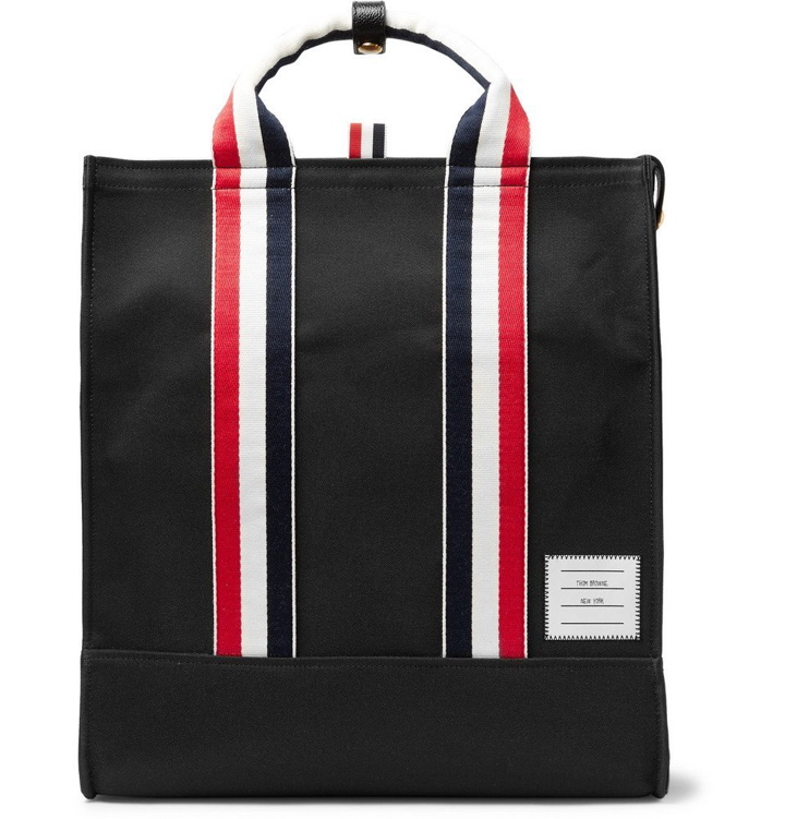 Photo: Thom Browne - Striped Grosgrain-Trimmed Pebble-Grain Leather-Trimmed Canvas Tote Bag - Black