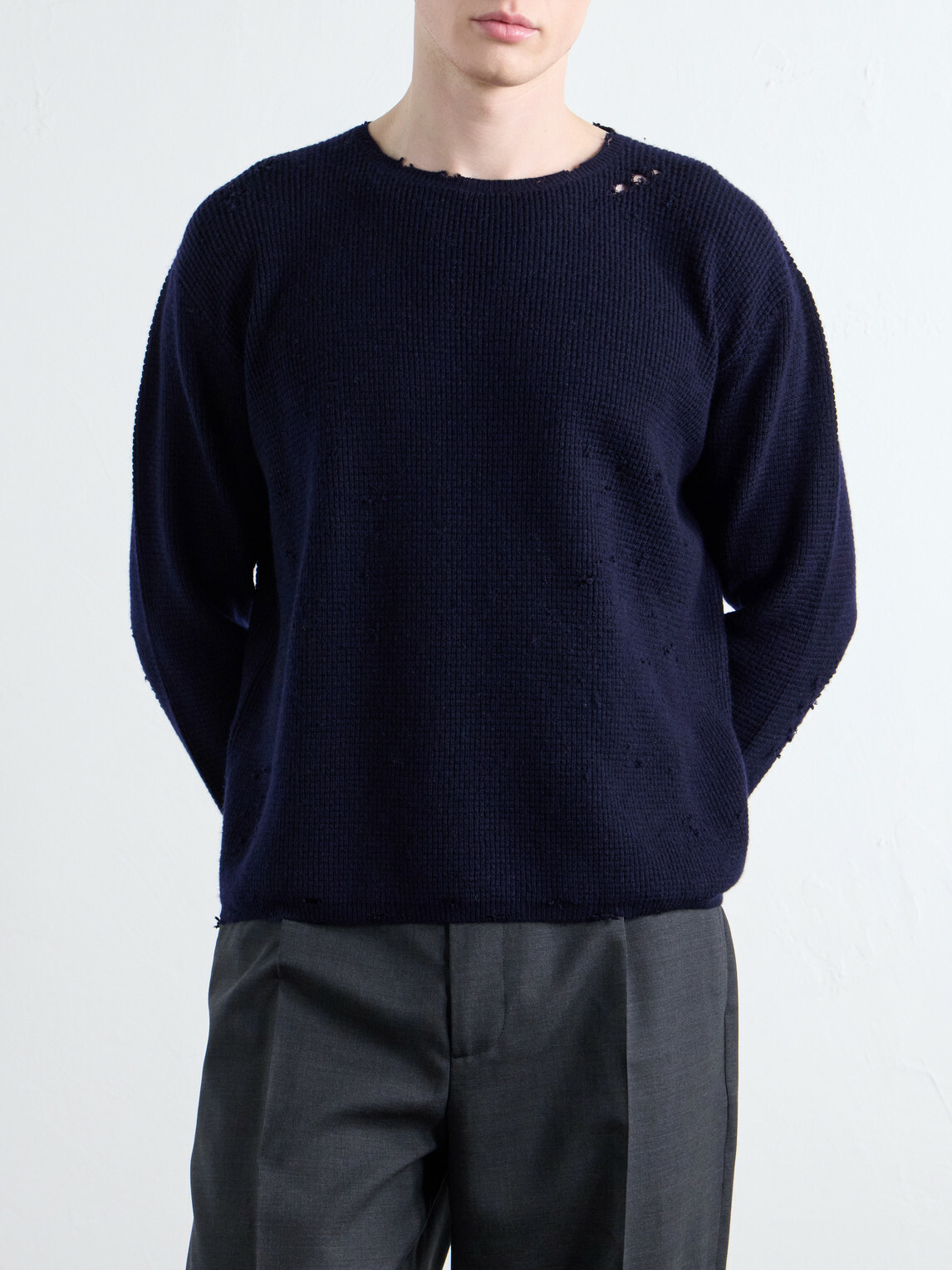 SECOND / LAYER - Distressed Waffle-Knit Wool and Cashmere-Blend Sweater - Blue