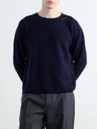 SECOND / LAYER - Distressed Waffle-Knit Wool and Cashmere-Blend Sweater - Blue