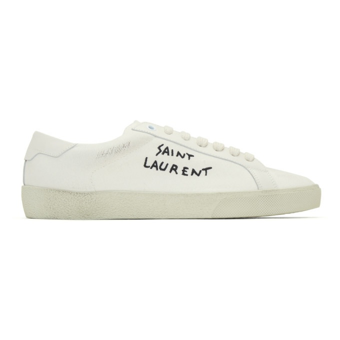 Photo: Saint Laurent White Embroidered Canvas Court Classic Sneakers