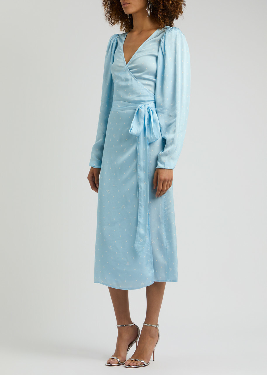 Rotate Birger Christensen Polka-dot Satin Wrap Dress Light Blue