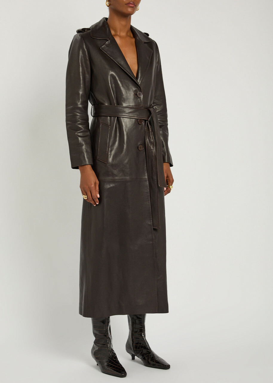 Nour Hammour Scarlett Belted Leather Trench Coat Dark Brown