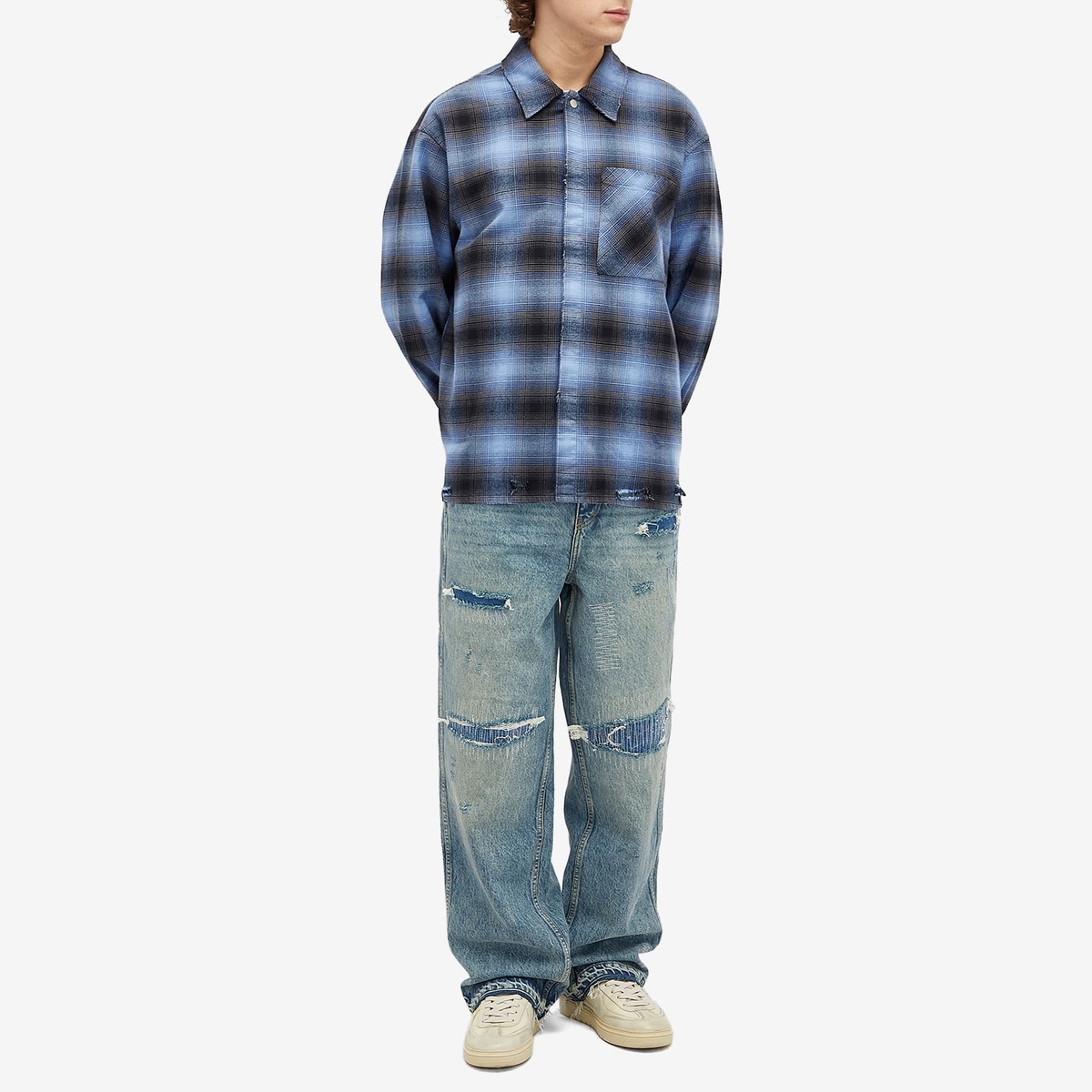 END. x Represent Distressed Flannel Shirt in Blue