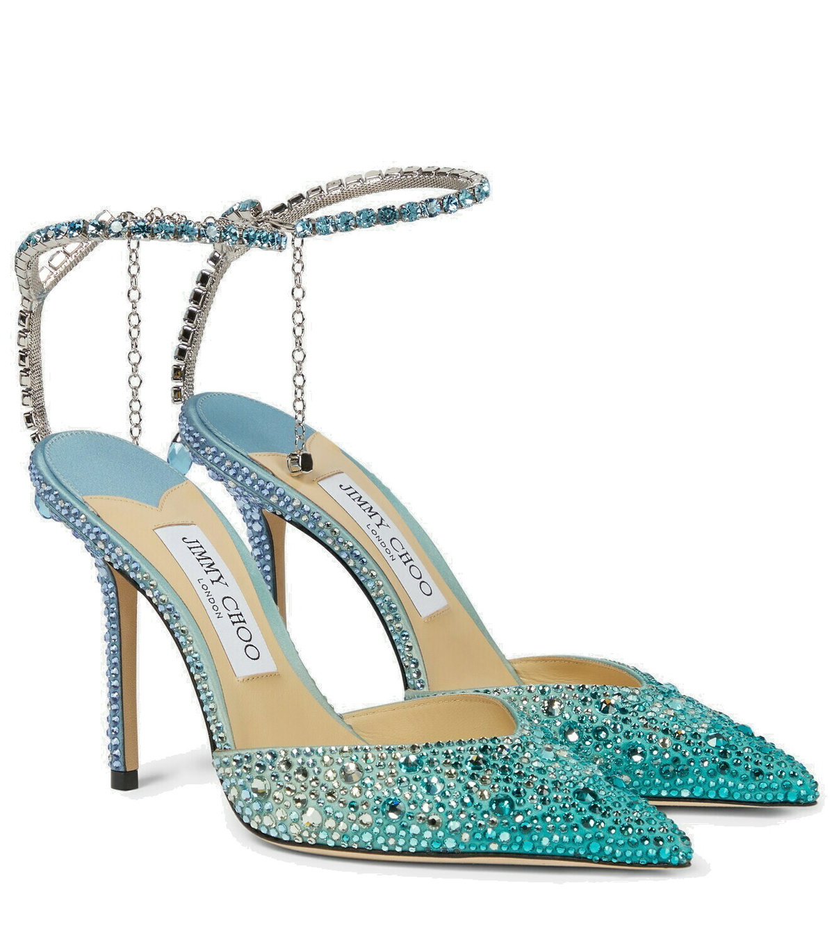 新品未使用☆Jimmy Choo Esme 36.5 5cmヒール キャメル クリスタルチェーン付き Platinum Ice ダスティグリッター