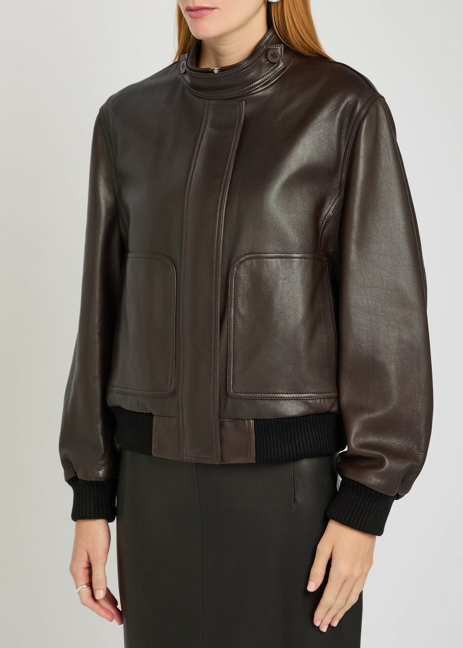 Nour Hammour Rios Leather Bomber Jacket Dark Brown