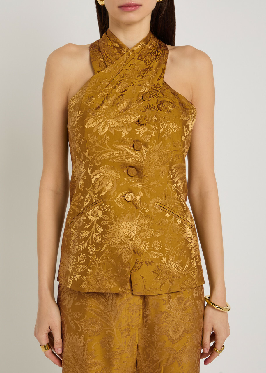 Veronica Beard Pacey Floral-jacquard Satin top Gold