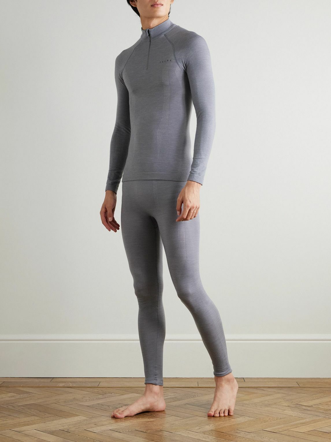 Falke - Printed Virgin Wool-Blend Jersey Half-Zip Ski Base Layer - Gray