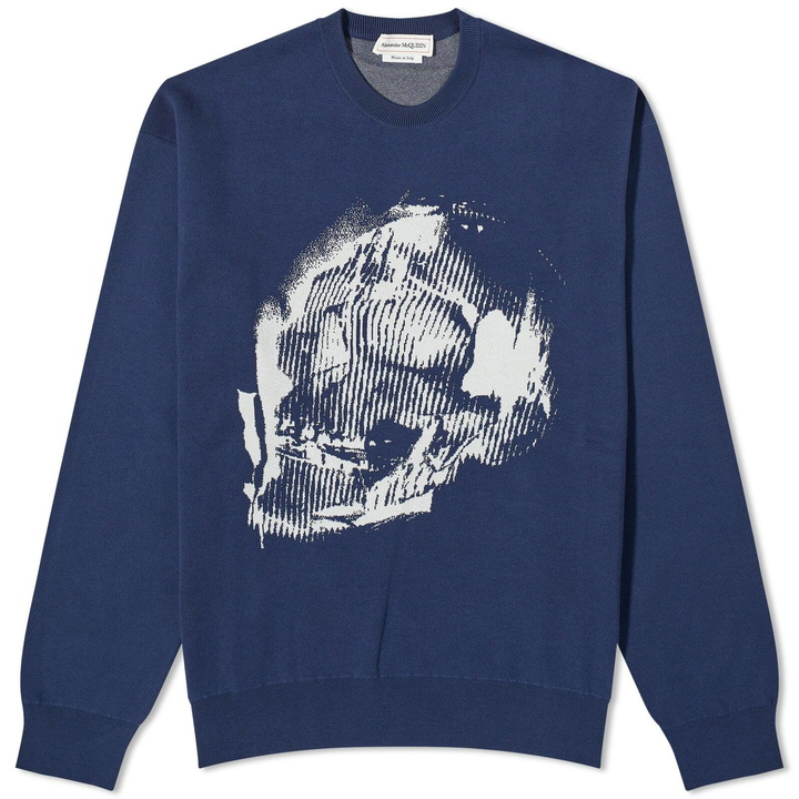 Photo: Alexander McQueen Men's Intarsia Skull Crew Knit in Midnight Blue/Ivory