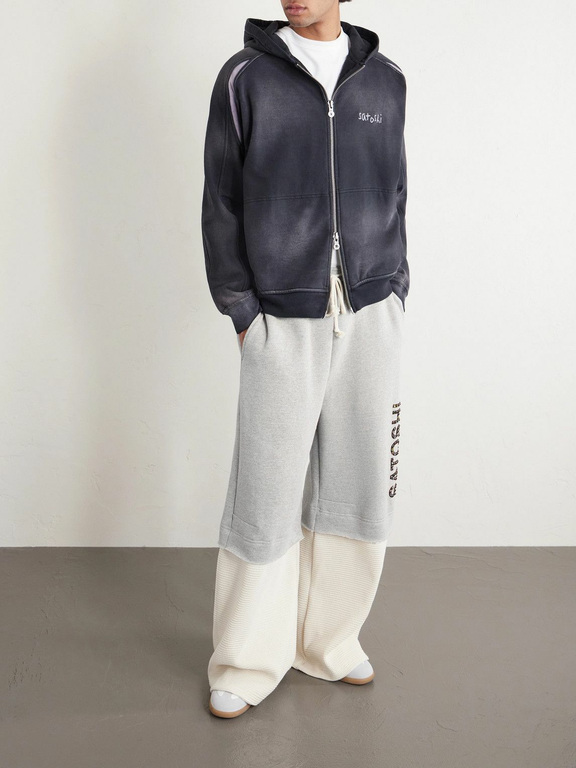 Satoshi Nakamoto - Wide-Leg Logo-Embellished Cotton-Jersey and Waffle-Knit Sweatpants - Gray