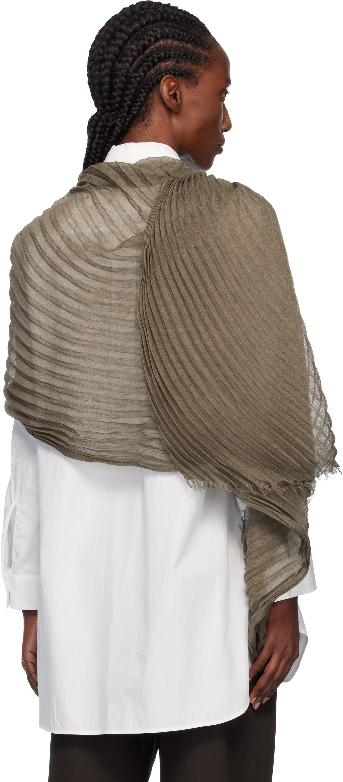 ISSEY MIYAKE Khaki Silk Wool Pleats Stole Scarf