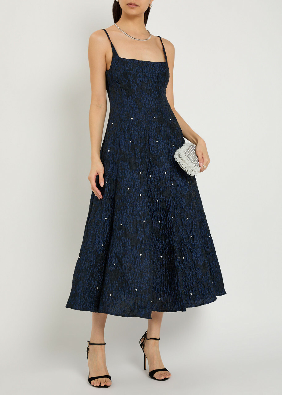 Sister Jane Maison Gem Crystal-embellished Cloqué Midi Dress Navy